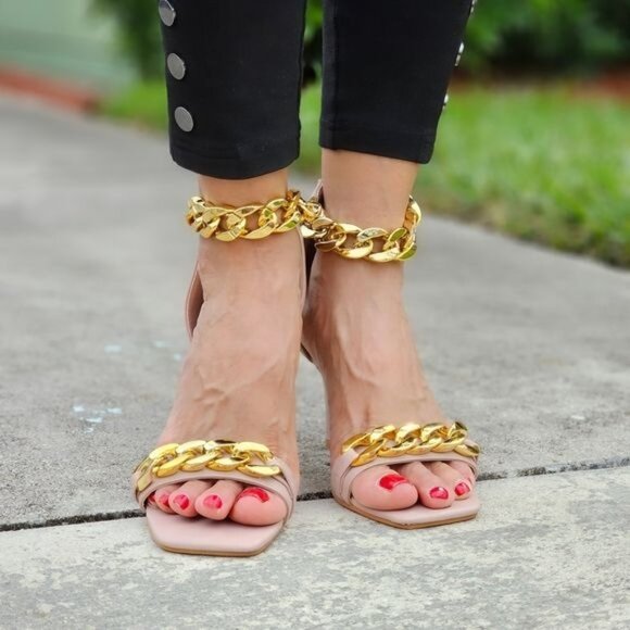 Womens Ankle Strap Heels Chains Stiletto Sandals Blush Color - Picture 2 of 5